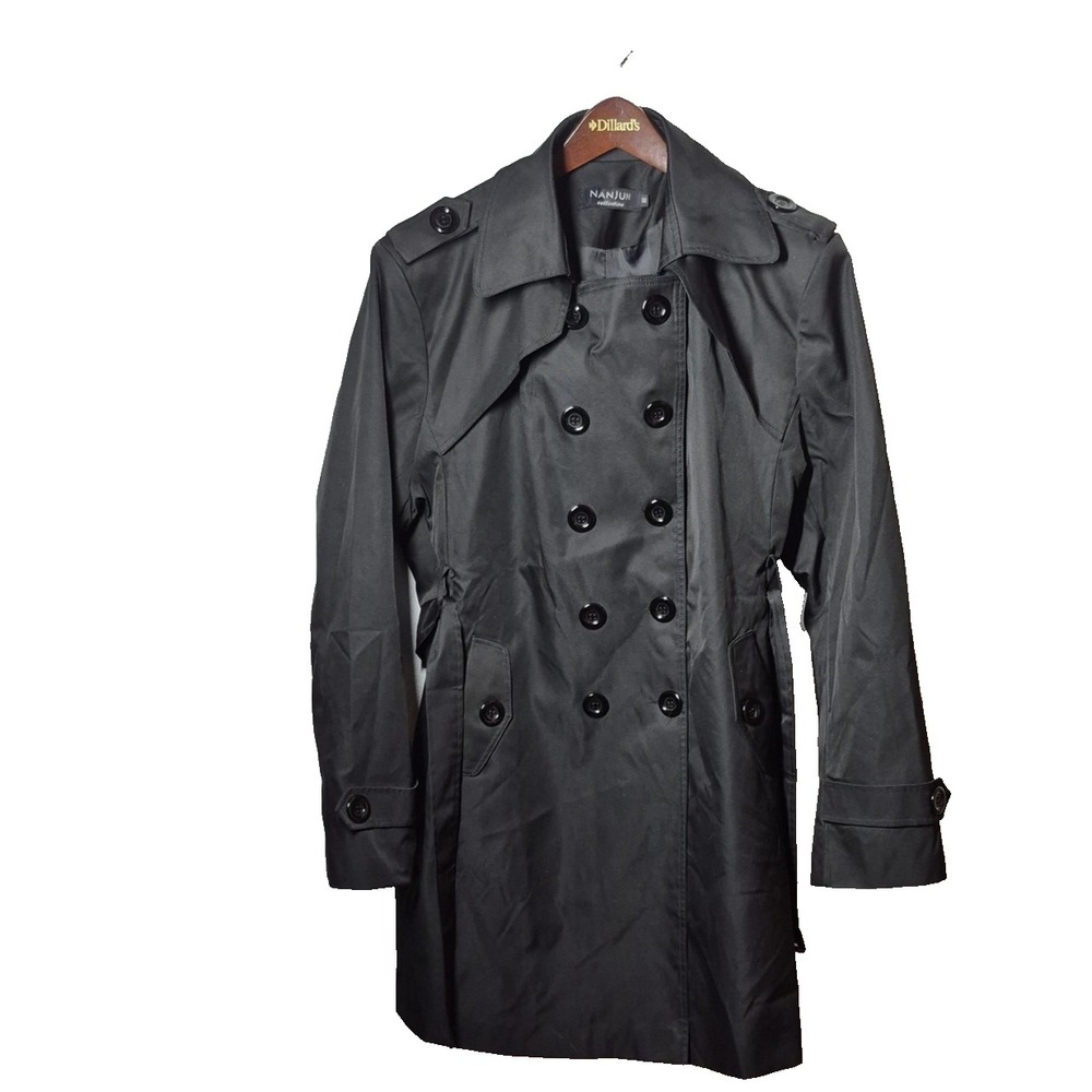 Nanjun Trench Coat Womens 16‎ Black Long Double Breasted Belted Jacket